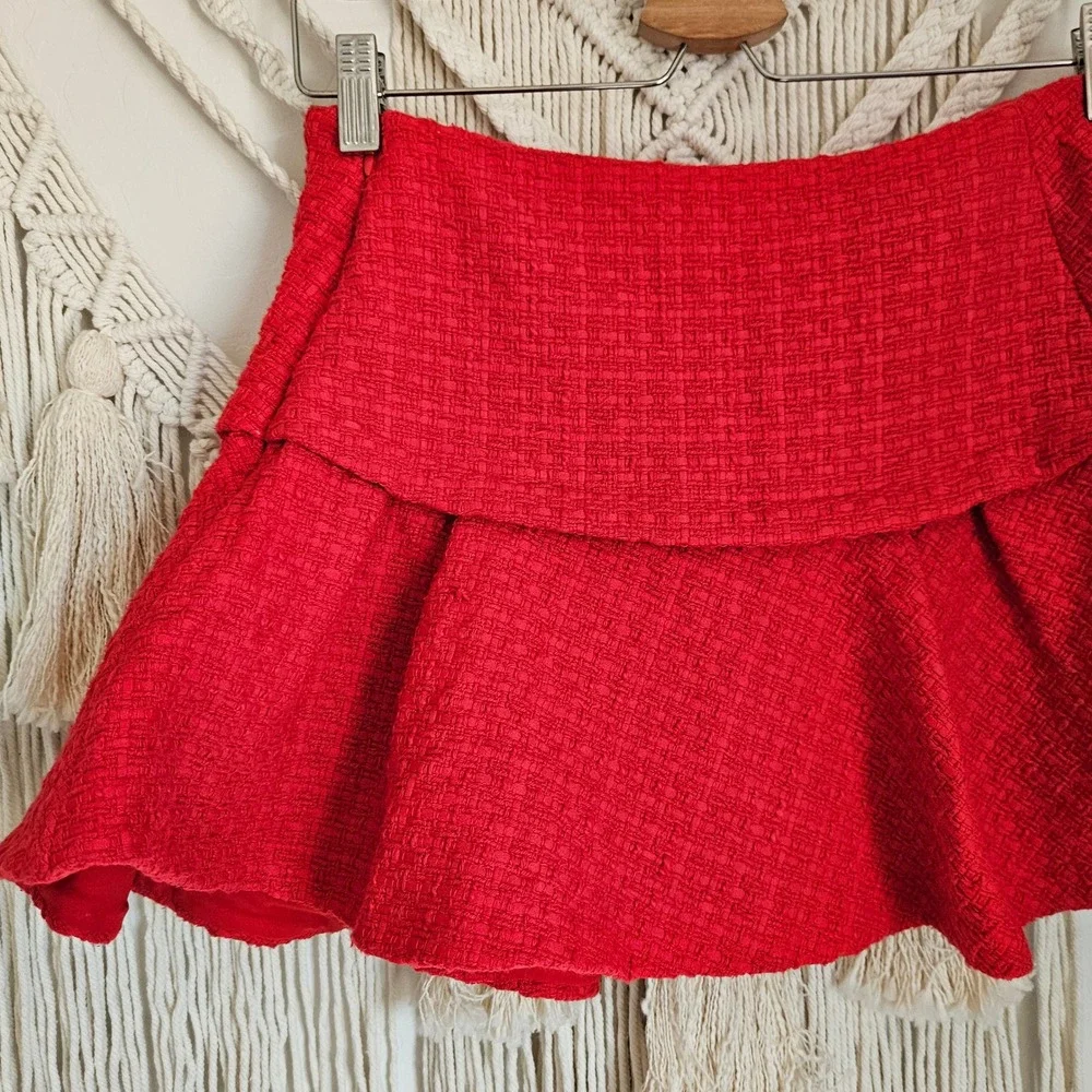 Maje Tweed Ruffled Pleated Asymmetrical Red Micro Mini Skort Skirt US S EU 36